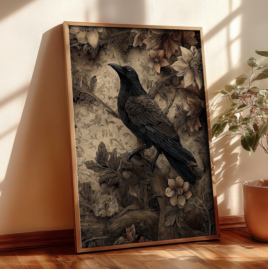 Vintage Crow Portrait on Ornate Floral Botanical Background Print
