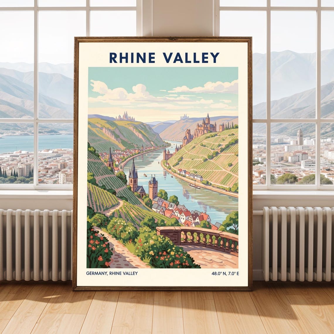 Rhine Valley Germany Vintage Travel Poster with Riverside Castles