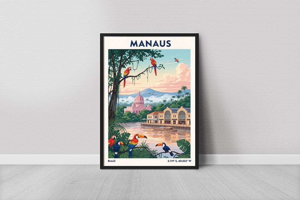 Manaus Vintage Travel Art Print, Tropical Parrots