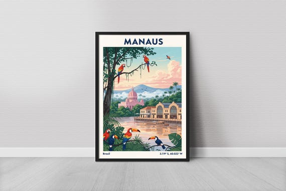 Manaus Vintage Travel Art Print, Tropical Parrots