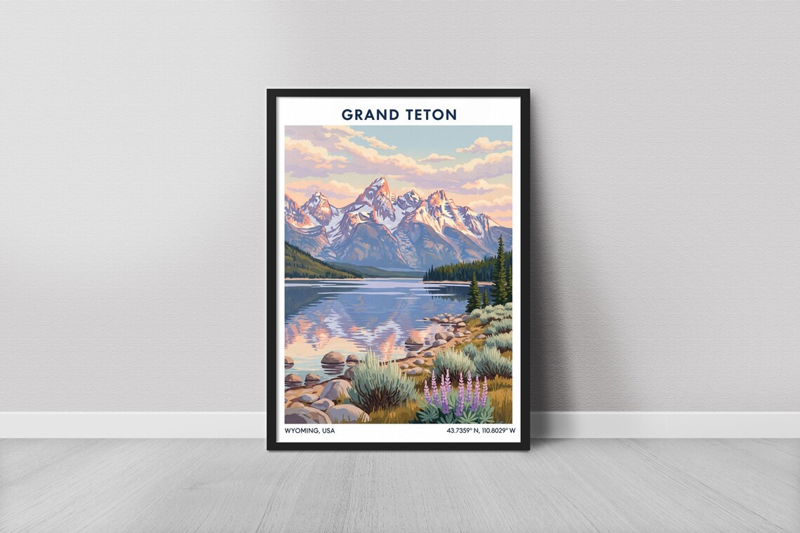 Grand Teton Minimalist Art Print, Blue Water Rockies
