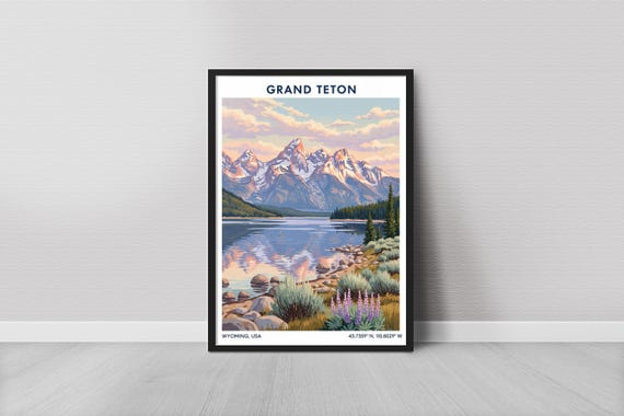 Grand Teton Minimalist Art Print, Blue Water Rockies