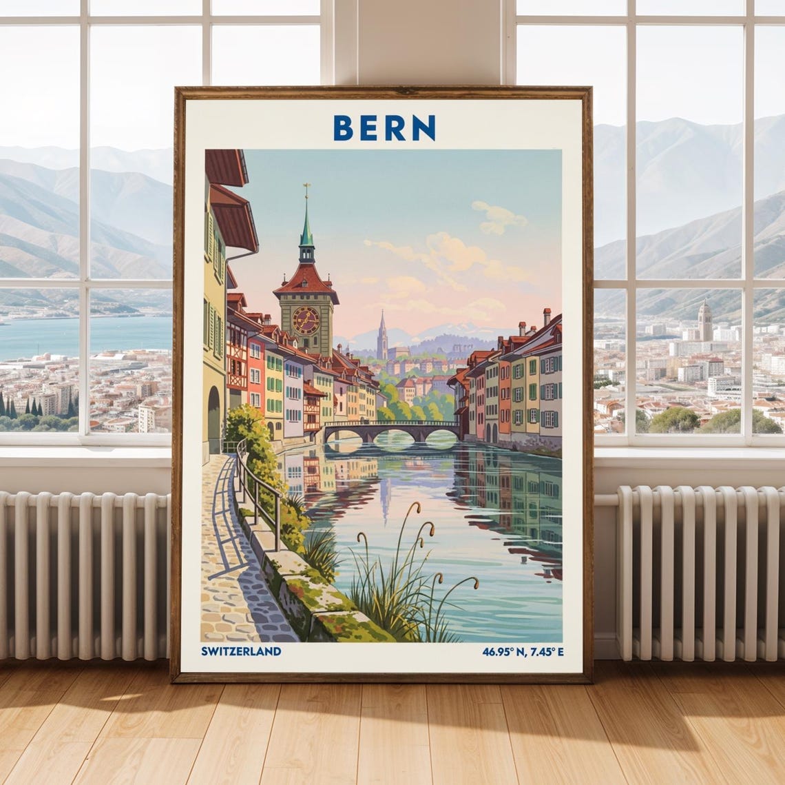 Bern Switzerland Vintage Travel Poster Riverside Old Town View