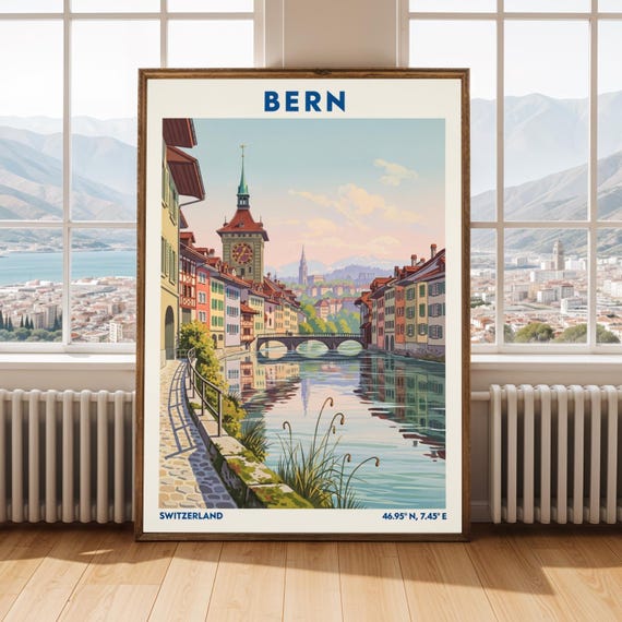 Bern Switzerland Travel Poster Vintage Swiss Town Illustration