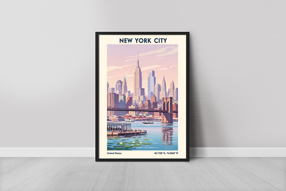 New York City Manhattan Skyline Bridge Golden Hour Vintage Travel Poster