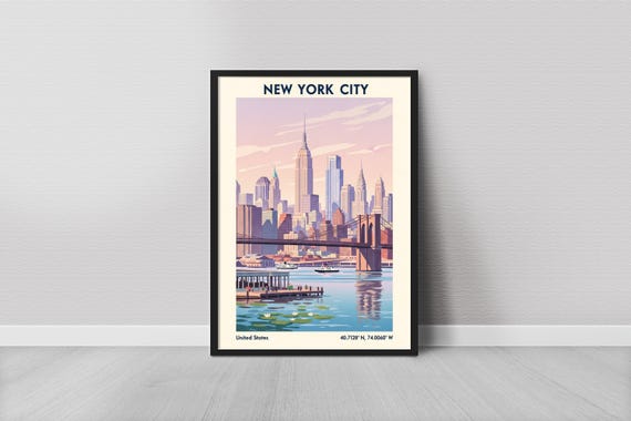 New York City Art Print Minimalist Vintage Blue Water And Cream Tones