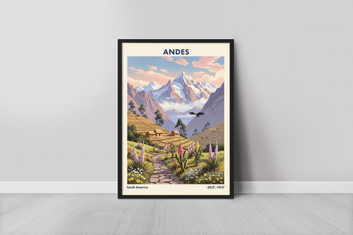 Andes South America Vintage Travel Lupine Meadow Peak Poster