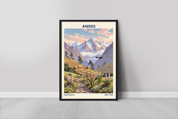 Andes Art Print Vintage Travel Snowy Peaks And Terraced Valleys Purple Lupines