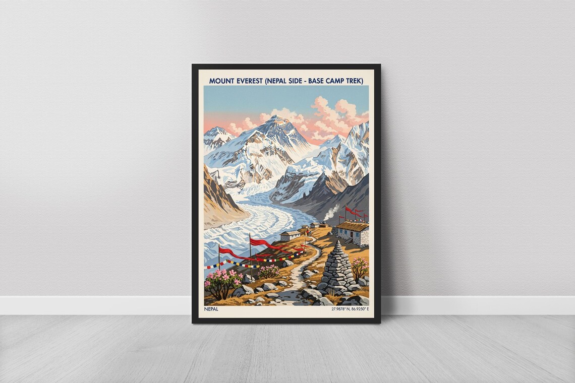 Mount Everest Nepal Base Camp Trek Vintage Travel Poster Peak Art