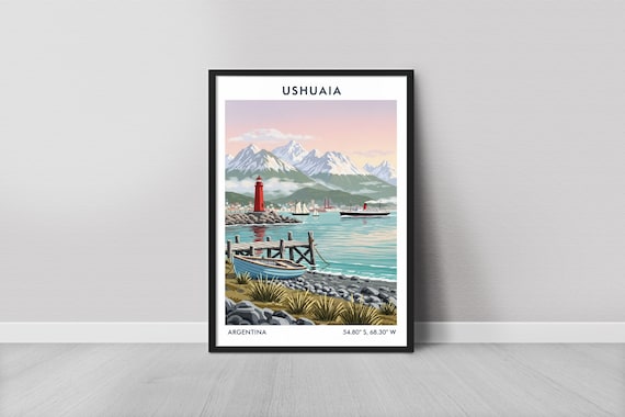 Ushuaia Vintage Travel Poster, Water and Lighthouse