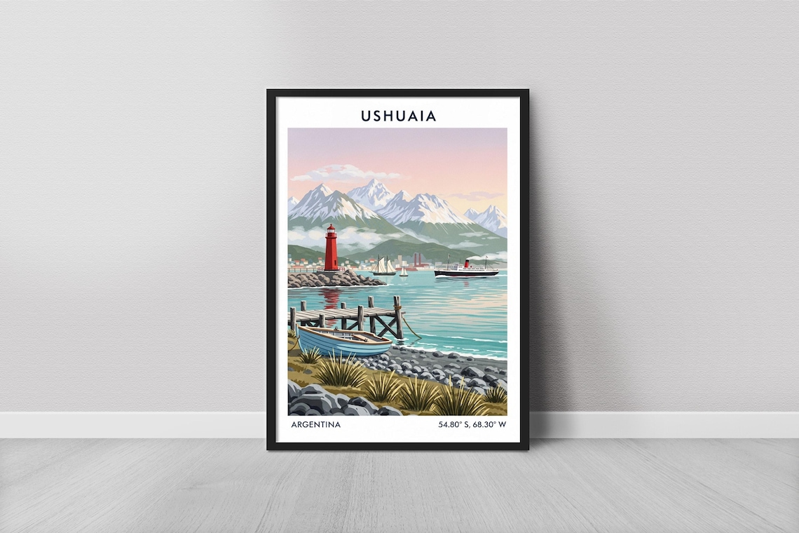 Ushuaia Vintage Travel Poster, Water and Lighthouse