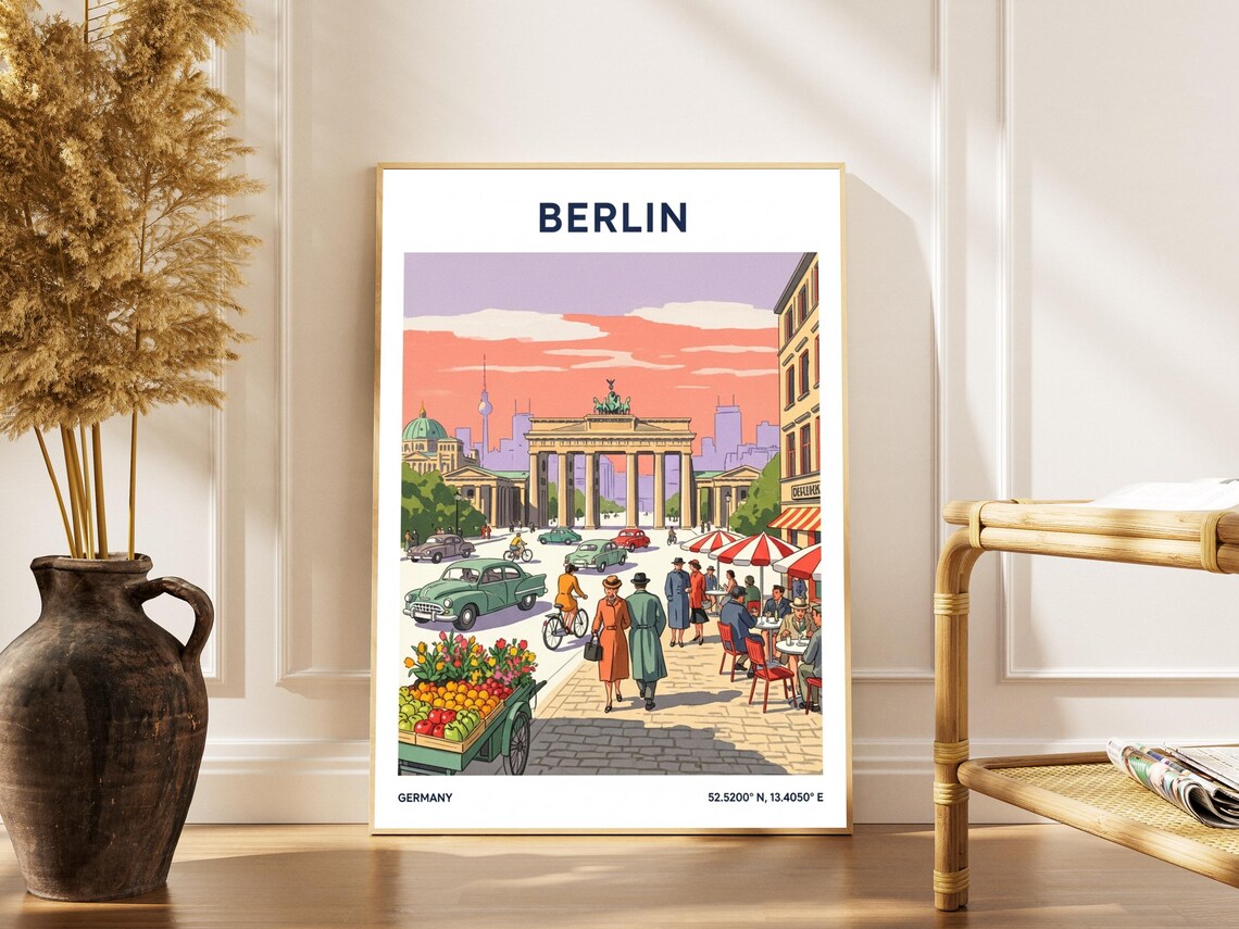 Berlin Germany Brandenburg Gate Street Scene Vintage Travel Poster