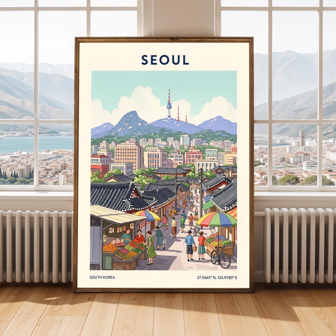 Seoul South Korea Busy City Market Hanok Vintage Travel Poster