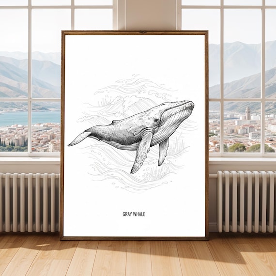 Gray Whale Fine Line Ink Drawing Marine Life Poster Ocean Decor Art