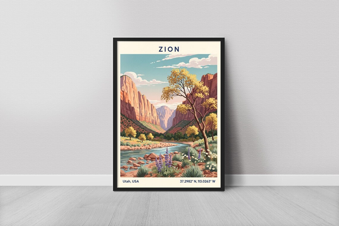 Zion Utah Red Canyon River Wildflowers Minimalist Travel Art Poster