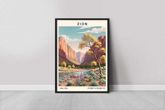 Zion Art Print Minimalist Utah Landscape With Canyon River And Flora