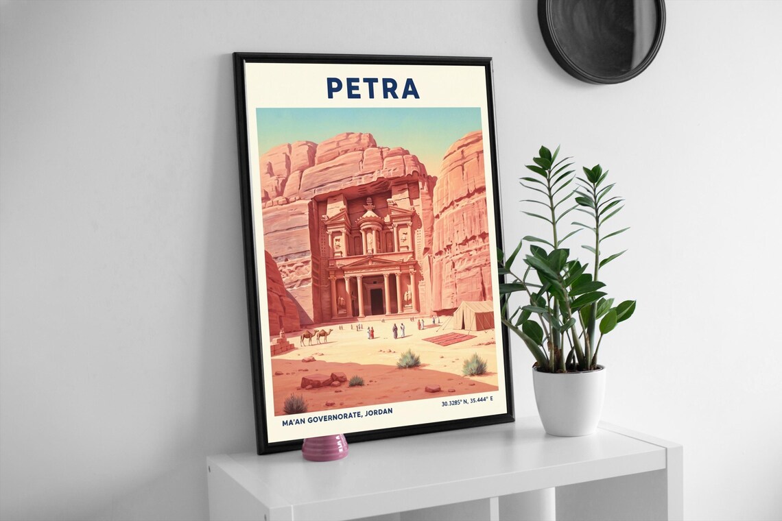 Petra Jordan Travel Poster of the Ancient Treasury Carved in Rock