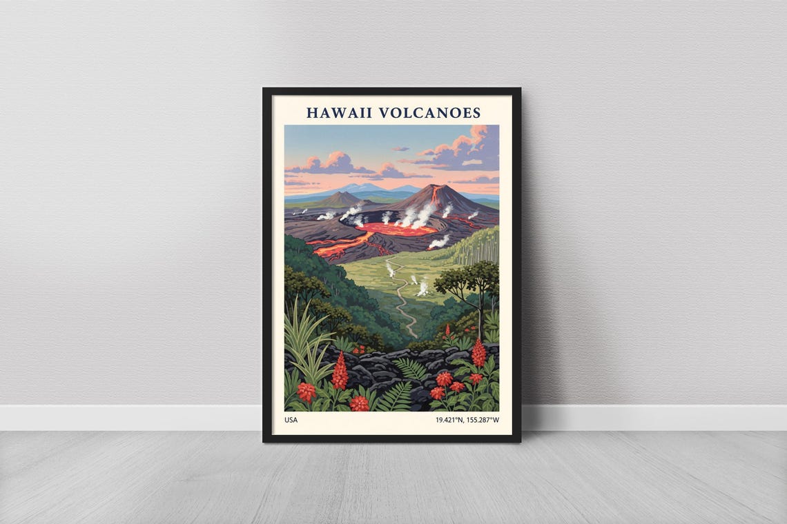 Hawaii Volcanoes National Park Poster Glowing Red Lava Landscape