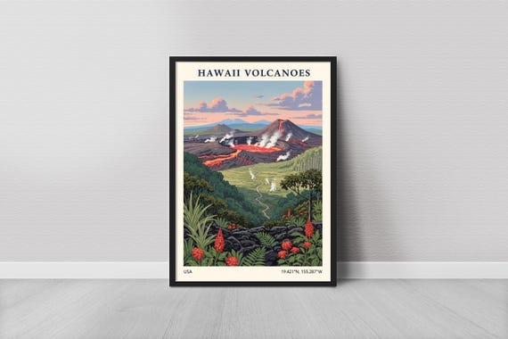 Hawi Volcanoes Art Print Vintage Travel Style Red Lava And Cream Sky