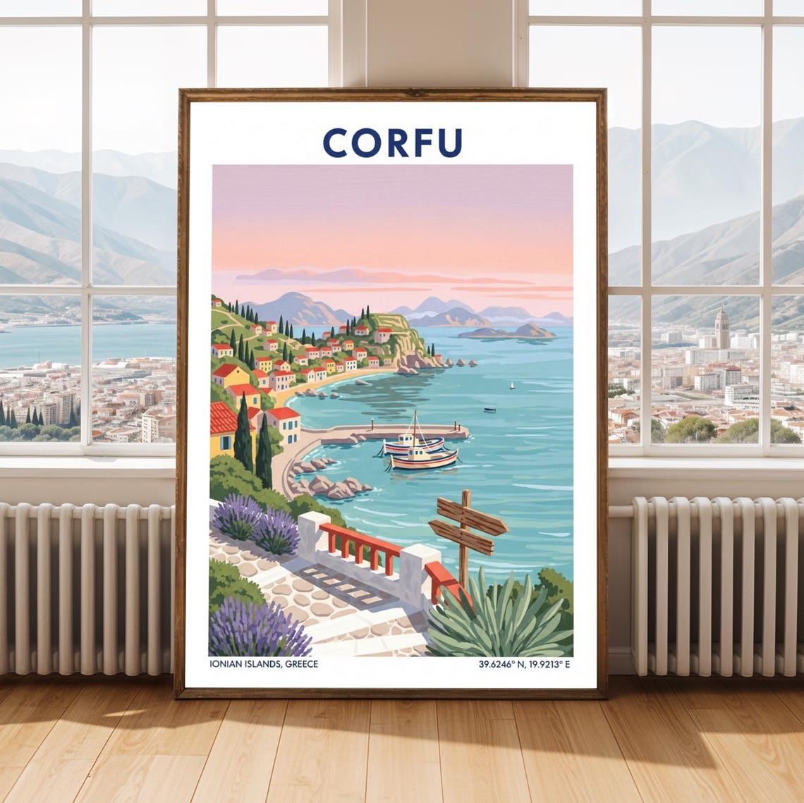 Corfu Ionian Islands Greece Coastal Harbor Sunset Travel Poster