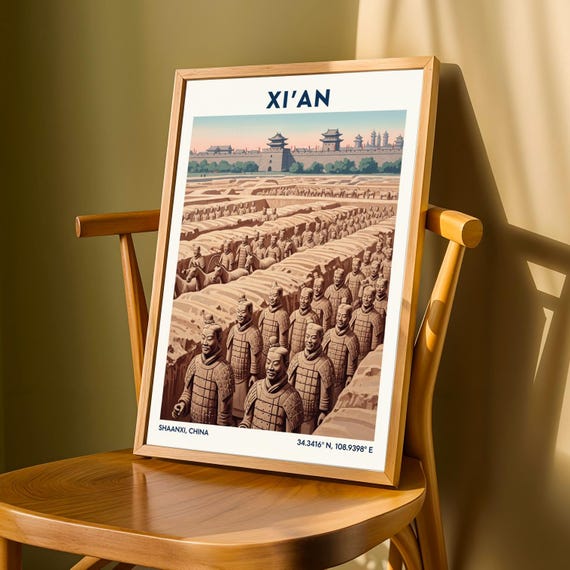 Terracotta Army Poster Vintage Gouache Chinese Historical Art