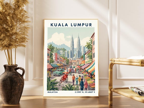 Kuala Lumpur Art Print Retro Gouache Cityscape Petronas Towers