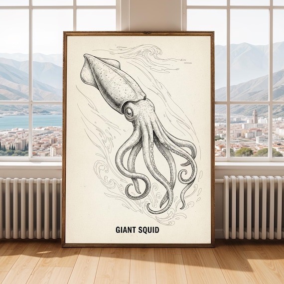 Giant Squid Poster Vintage Line Art Ocean Tentacle Drawing Decor