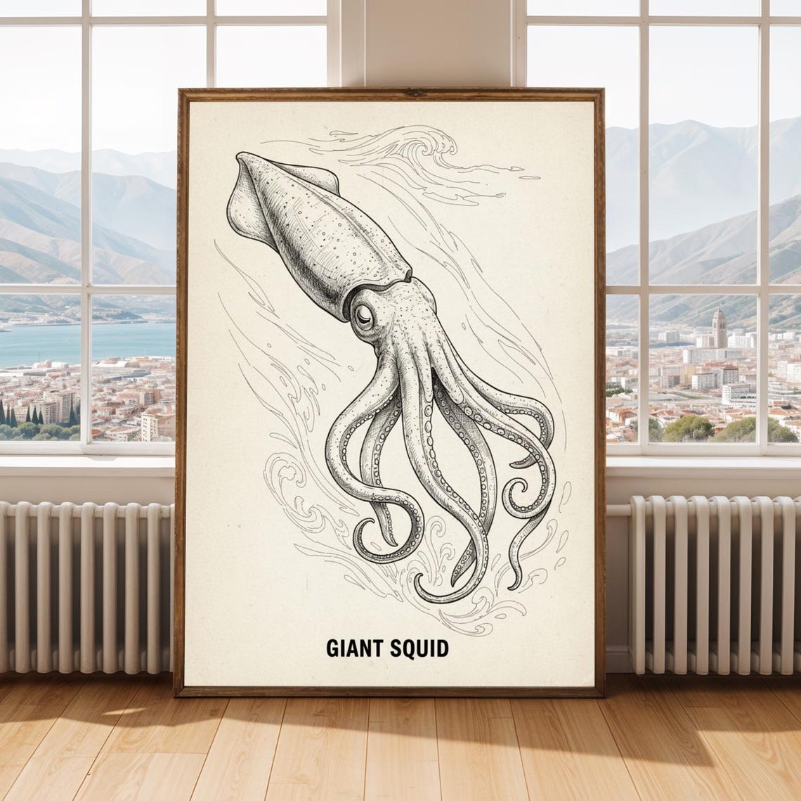 Giant Squid Poster Vintage Line Art Ocean Tentacle Drawing Decor