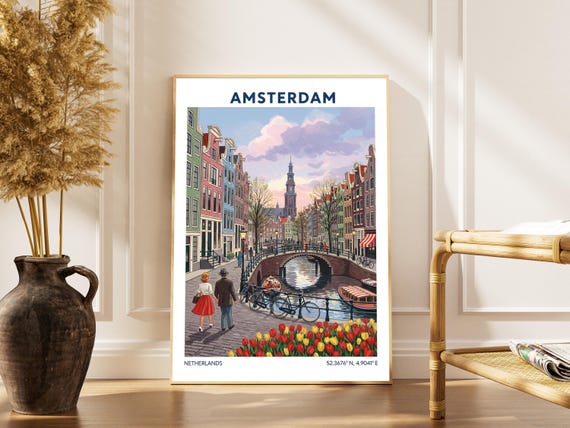 Amsterdam Canal Gouache Art Print Vintage Netherlands Cityscape Poster