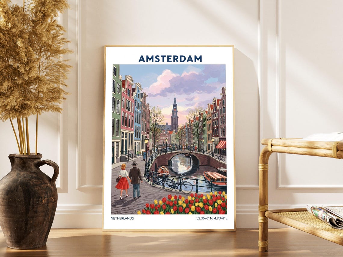 Amsterdam Canal Gouache Art Print Vintage Netherlands Cityscape Poster