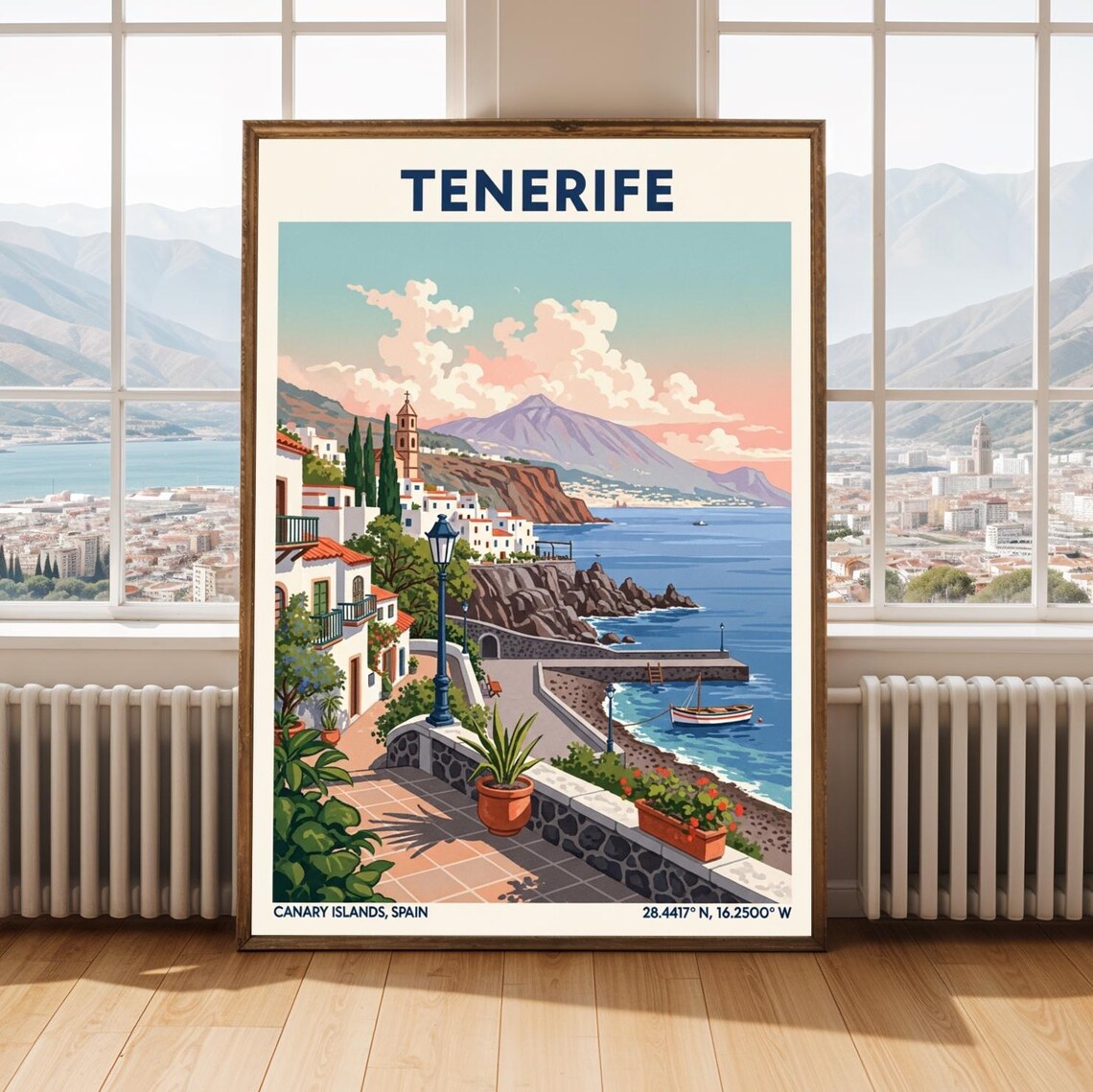 Tenerife Canary Islands Coastal Village Sunset Travel Poster
