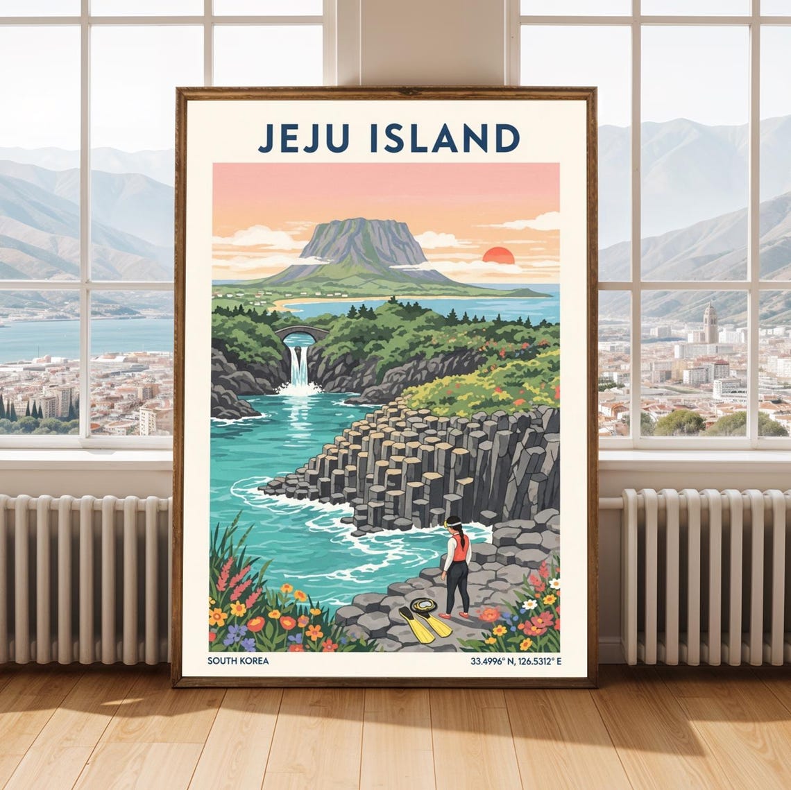 Jeju Island South Korea Vintage Travel Poster Coastal Cliffs Sunset