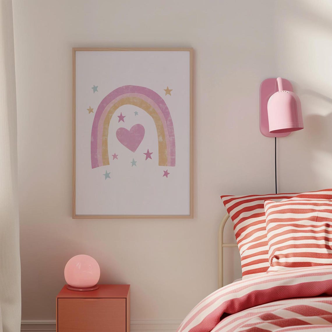 Dreamy Pink Rainbow Heart Stars Boho Nursery Kids Room Poster - Image 5