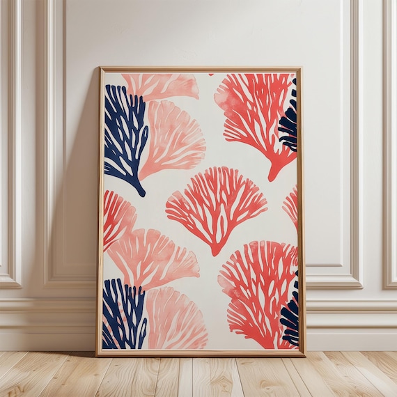Peach Coral Print Coastal Beach Style Decor Minimalist Coastal Wall Decor Modern Watercolor Art Living Room