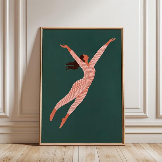 Dancing Woman Green Abstract Stripe Large Wall Print Contemporary Artwork Minimalist Print Living Room Wall Art Print