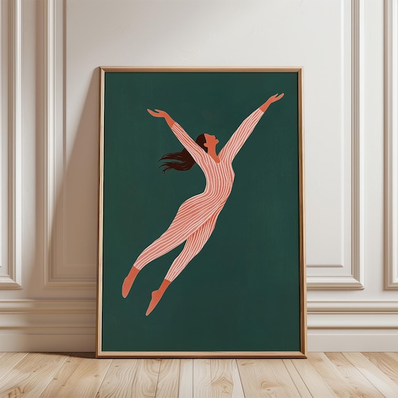 Joyful Dancing Woman Leaping in Coral Stripes on Deep Green Poster