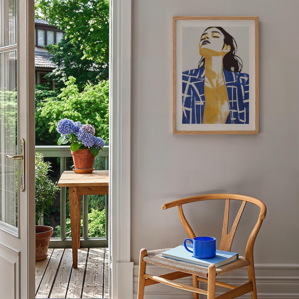 Abstract Woman Portrait in Blue and Gold Brushstrokes Poster - Image 2