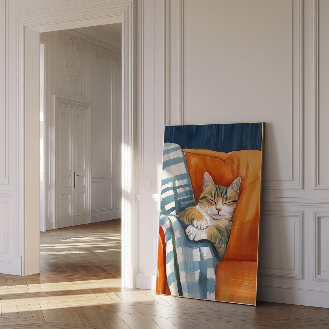 Drowsy Sleeping Tabby Cat on Orange Chair Cozy Animal Poster - Image 2
