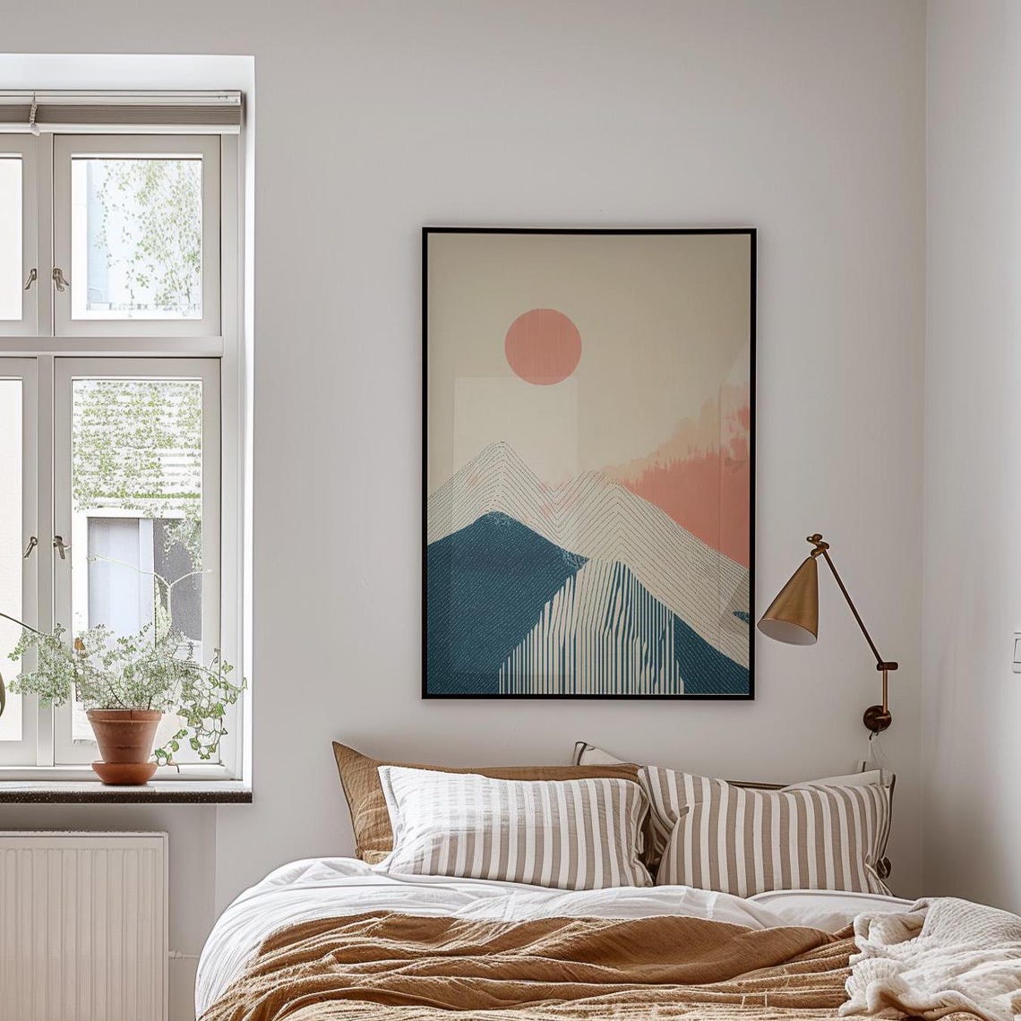 Calm Japandi Sunset Line Mountains Coral Sun Minimalist Poster