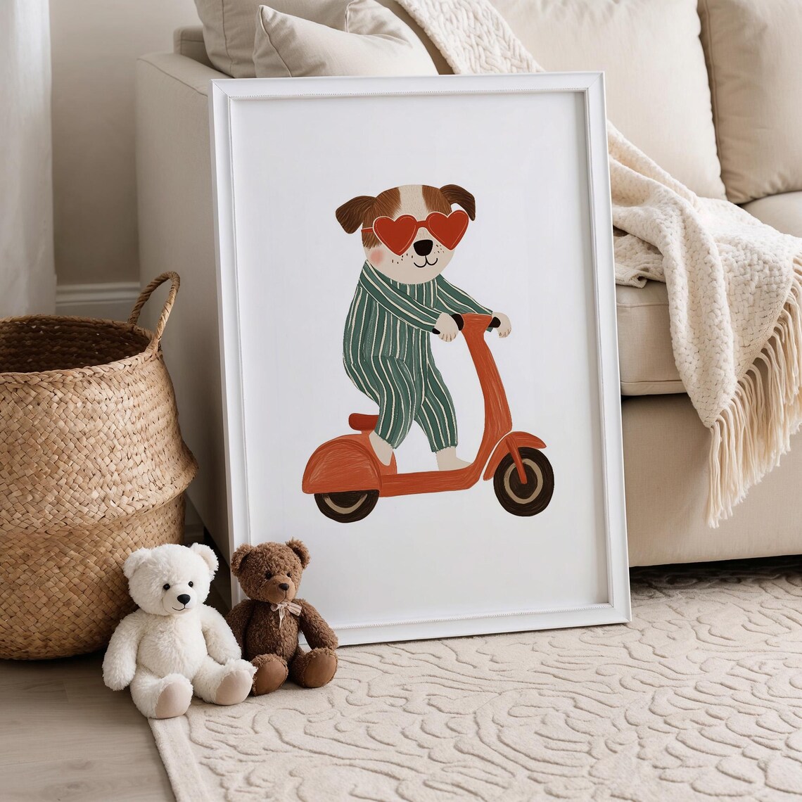 Playful Cool Dog in Sunglasses Riding Scooter Nursery Art Poster