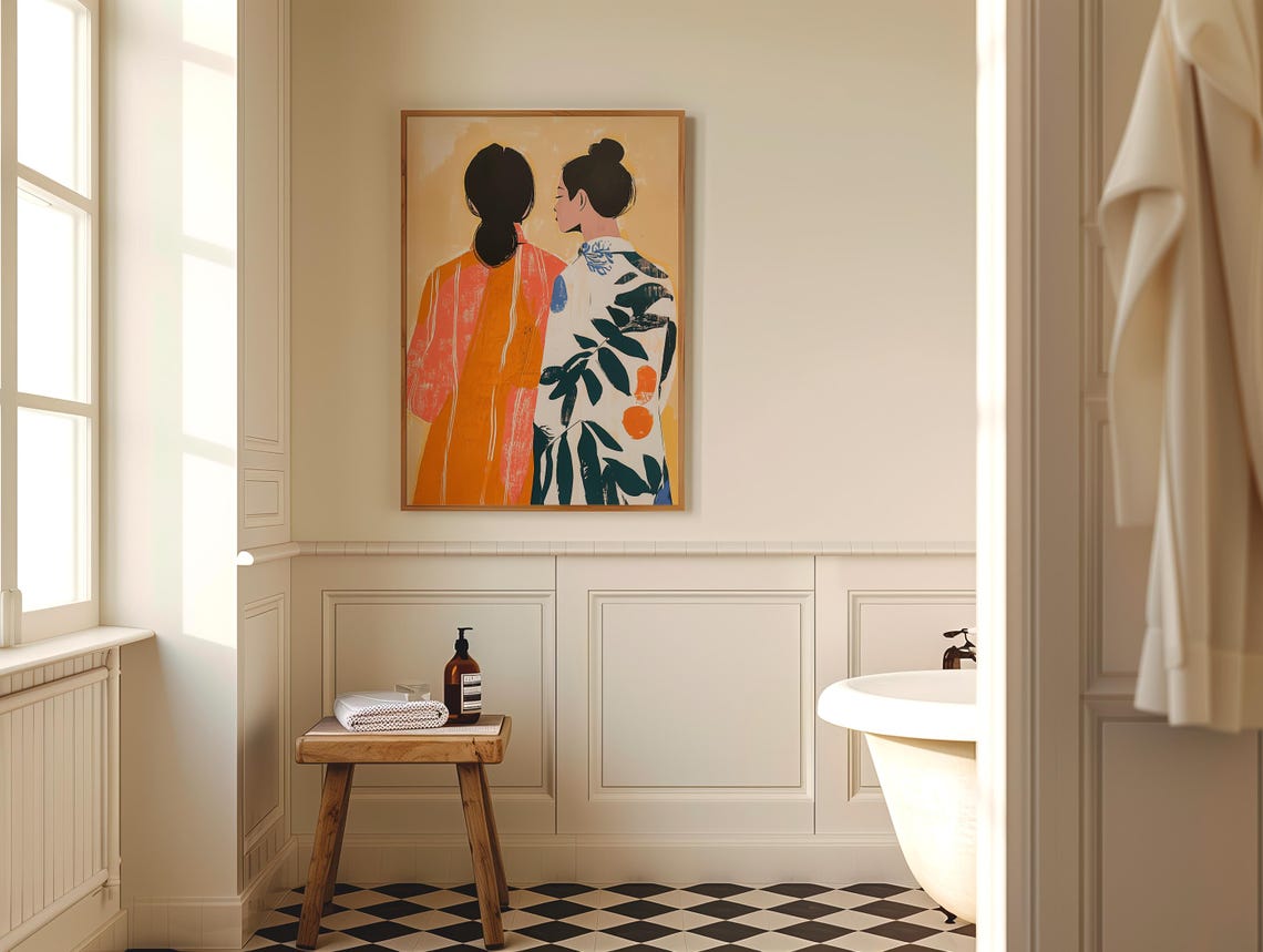 Two Women in Patterned Dresses Abstract Friendship Art Poster - Image 4