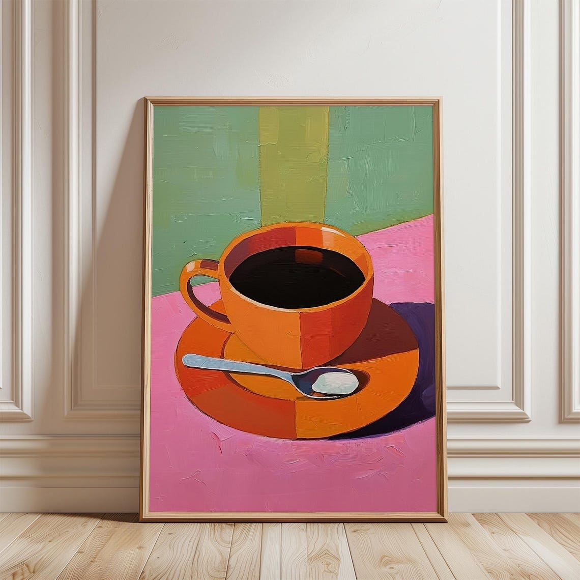 Bold Orange Coffee Cup Still Life on Pink and Green Pop Art Poster