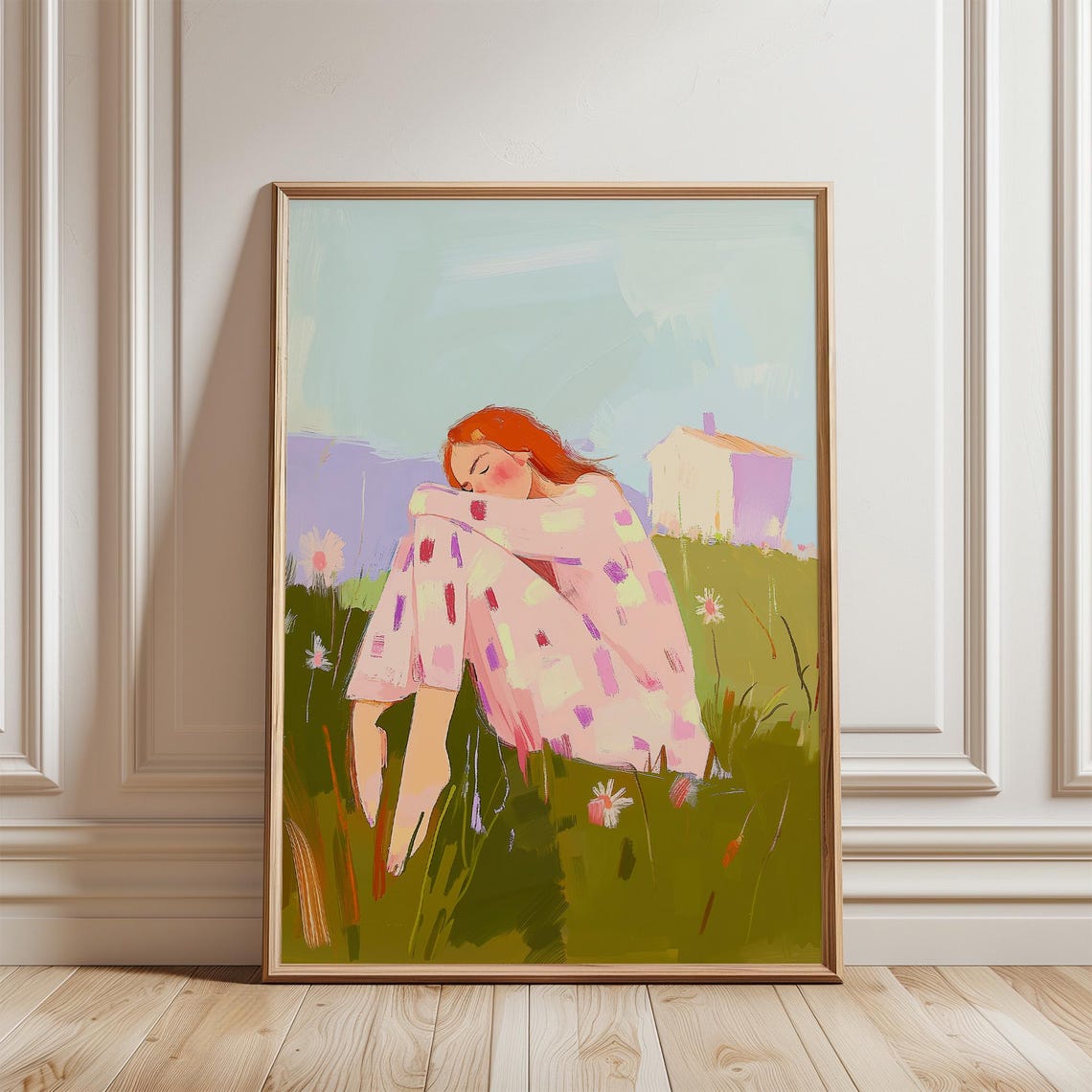 Red Haired Woman Resting in Wildflower Field Pastoral Poster