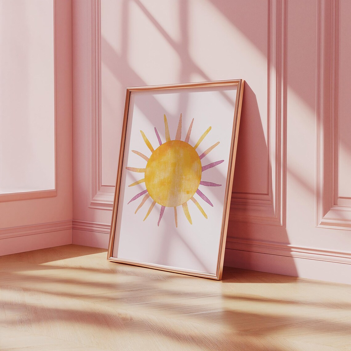 Cheerful Watercolor Sunshine Nursery Pink Gold Kids Room Poster - Image 3