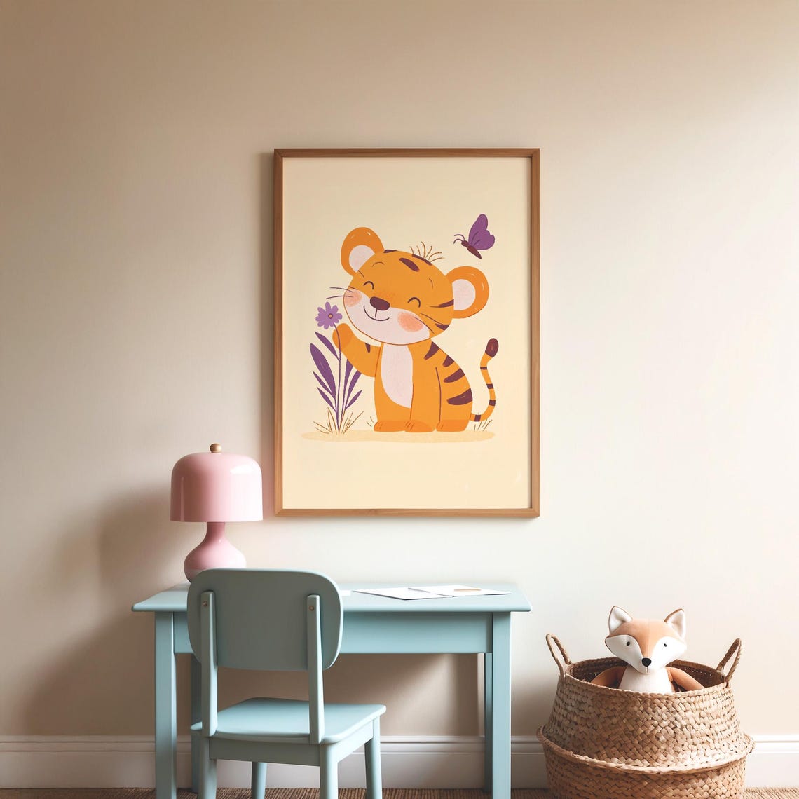 Smiling Tiger Cub With Butterfly Cute Nursery Animal Wall Poster - Image 3