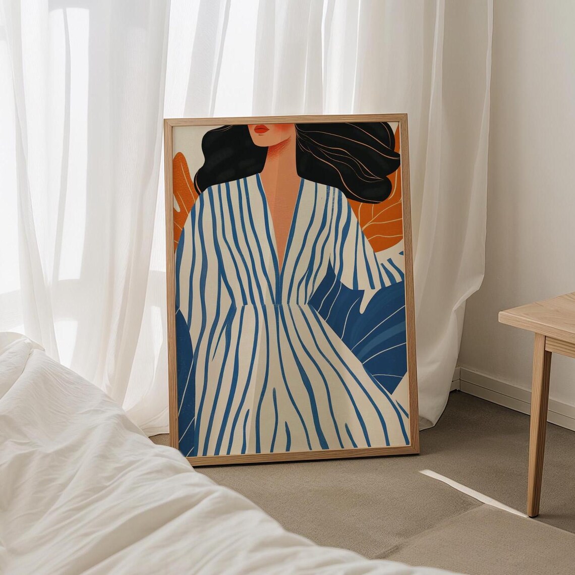 Elegant Woman in Blue Striped Dress Matisse Style Portrait Poster