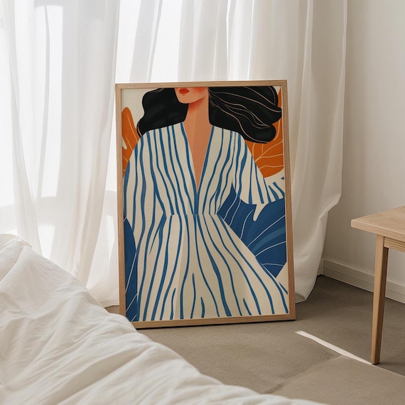 Woman With Dress Blue Orange Stripes Abstract Large Wall Print Contemporary Artwork Minimalist Print Living Room Art