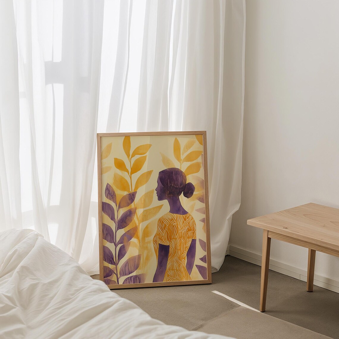 Elegant Golden Woman Silhouette Purple Foliage Abstract Art Poster - Image 5