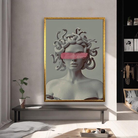 Medusa Statue Pink Brush Stroke Modern Greek Mythology Art Poster