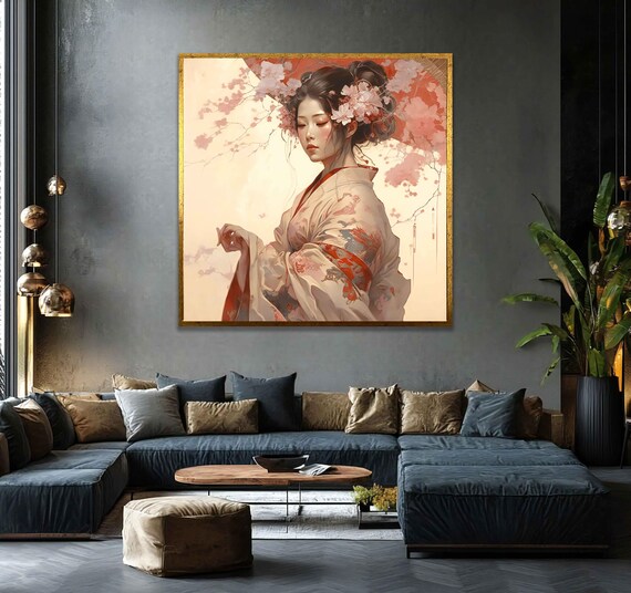 Japanese Geisha Cherry Blossom Kimono Elegant Portrait Painting Poster